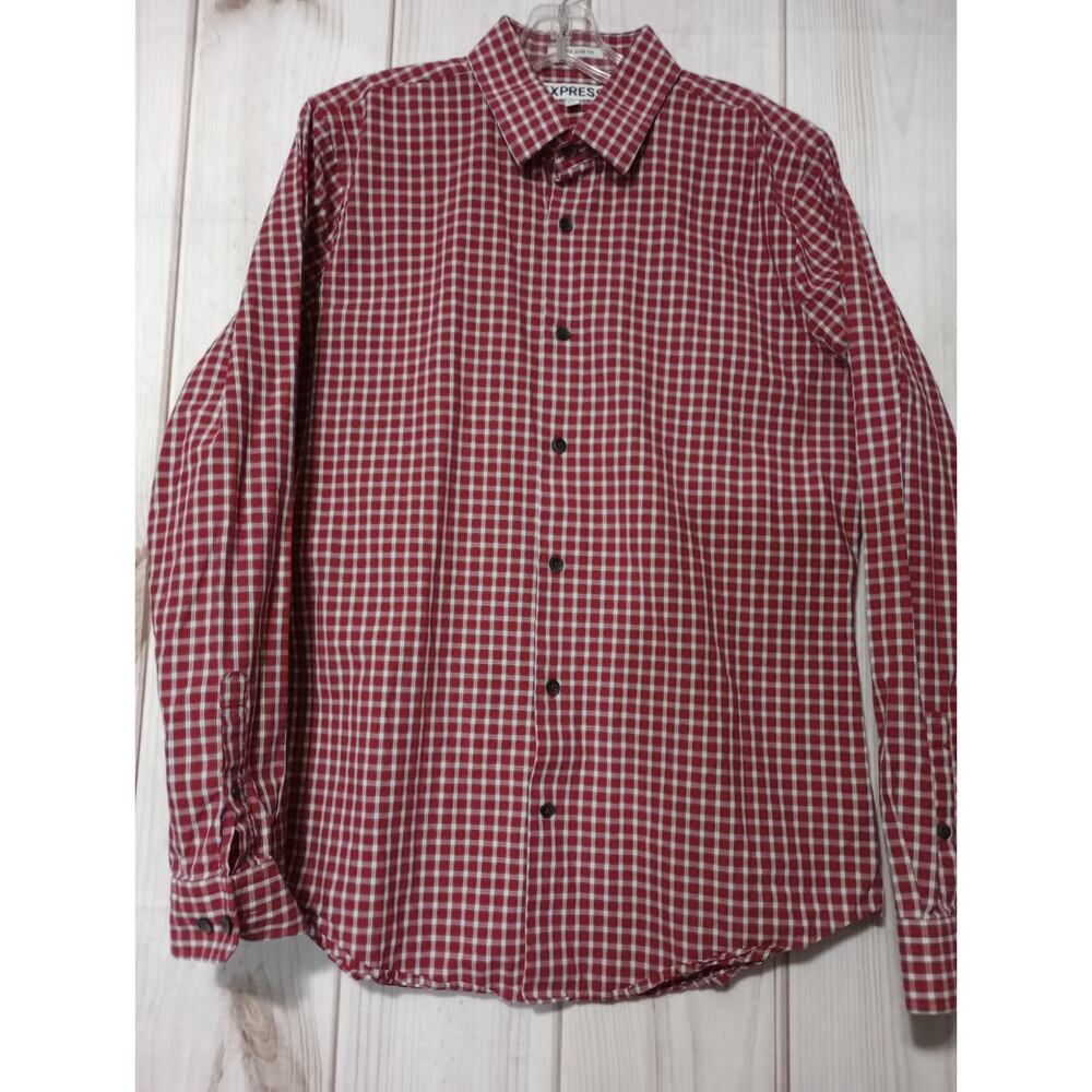 Express Mens Extra Slim Fit Gingham Button Down Shirt Red White Cotton Large
